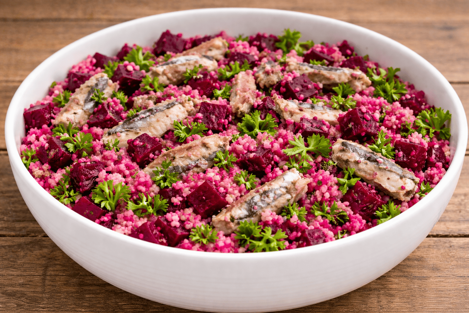 Salade de semoule, betterave et sardines